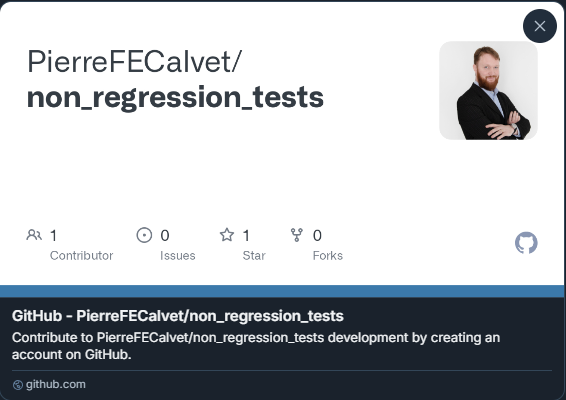 Aperçu GitHub du dépôt PierreFECalvet/non_regression_tests, avec 1 contributeur, 0 issue, 1 étoile et 0 fork.