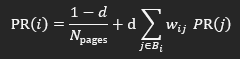 Formule du PageRank pondéré par la position des liens : PR(i) = (1 − d)/N_pages + d × Σ j∈B_i w_ij × PR(j).