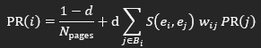 Formule du PageRank thématisé : PR(i) = (1 − d)/N_pages + d × Σ j∈B_i S(e_i, e_j) × w_ij × PR(j).