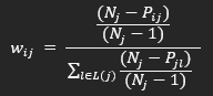 Formule du poids normalisé : w_ij = [(N_j − P_ij)/(N_j − 1)] / Σ l∈L(j) [(N_j − P_jl)/(N_j − 1)], pour une somme des poids égale à 1.