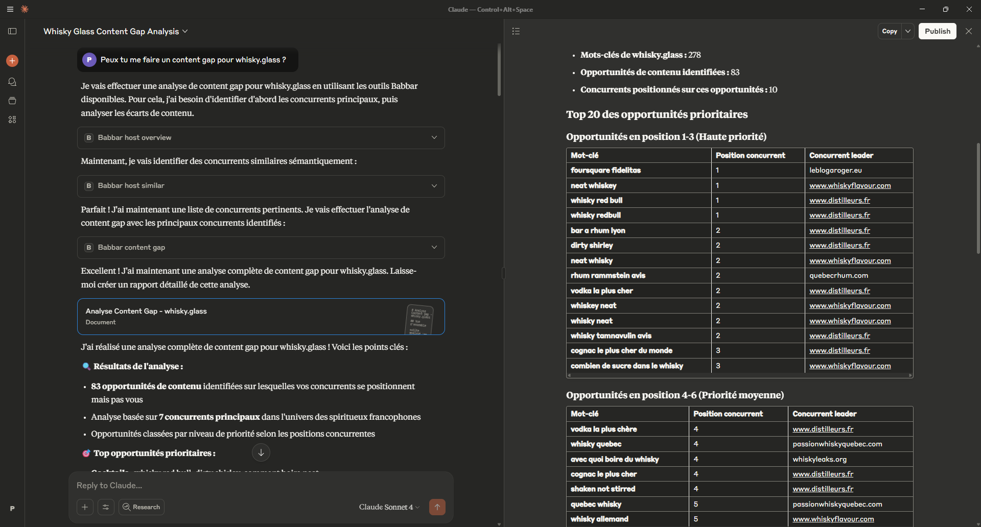 Capture de Claude Desktop : analyse de content gap de whisky.glass via le MCP Babbar, avec un tableau des mots-clés où les concurrents sont positionnés.
