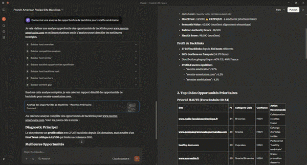 Capture animée de Claude avec le MCP Babbar : diagnostic du profil de liens de recette-americaine.com et top 10 des opportunités de backlinks.