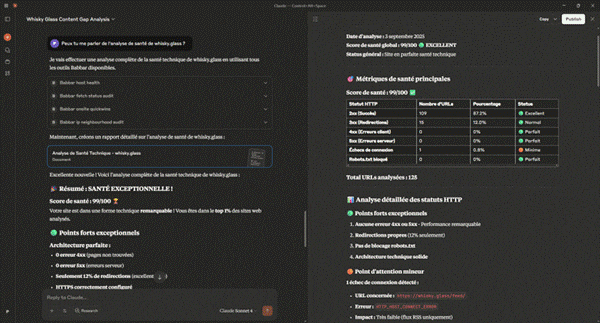 Capture animée de Claude avec le MCP Babbar : analyse de santé de whisky.glass, score 99/100 et répartition des statuts HTTP des URLs.