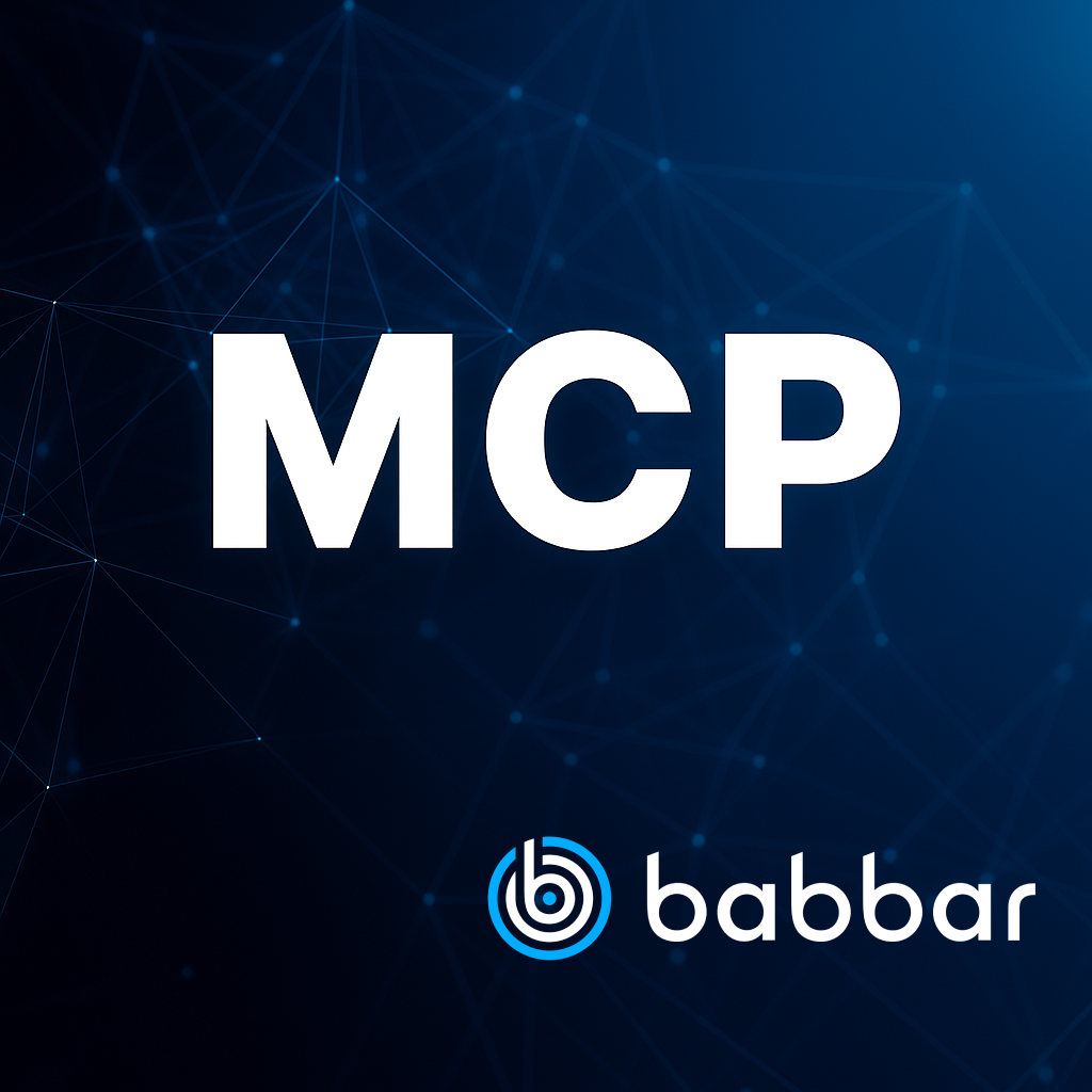 Visuel d'annonce du MCP Babbar : les lettres MCP en blanc sur un fond bleu nuit de réseau de nœuds connectés, avec le logo Babbar.