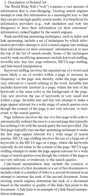 Extrait du brevet Google définissant le spam modifiant le classement : keyword stuffing, texte invisible, redirections, balises META, fermes de liens.