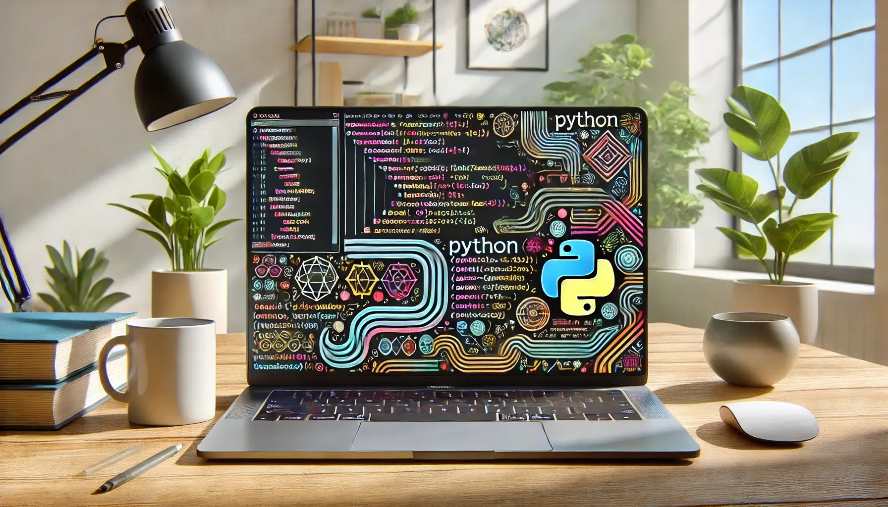 Ordinateur portable sur un bureau en bois affichant du code Python coloré et le logo Python, entouré de plantes, d'un mug et d'une lampe.
