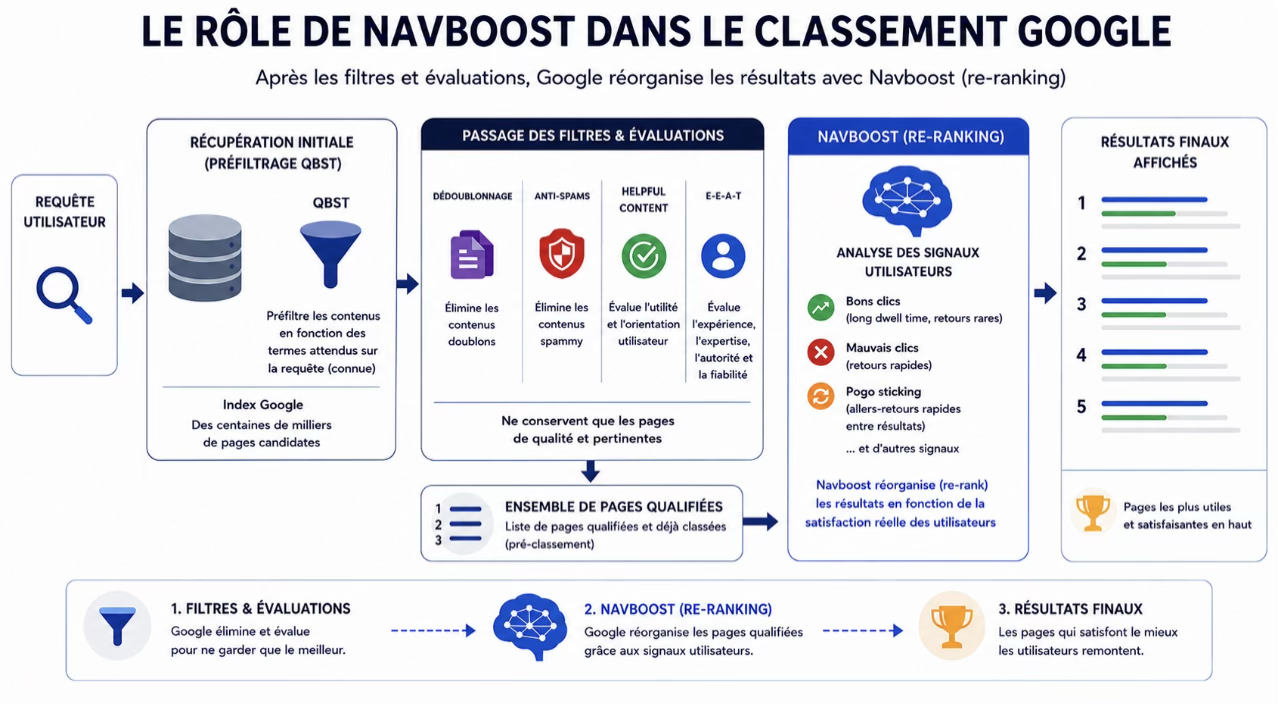 Schéma du rôle de Navboost : après le préfiltrage QBST et les filtres qualité, Google réordonne les pages qualifiées selon les signaux de clics.